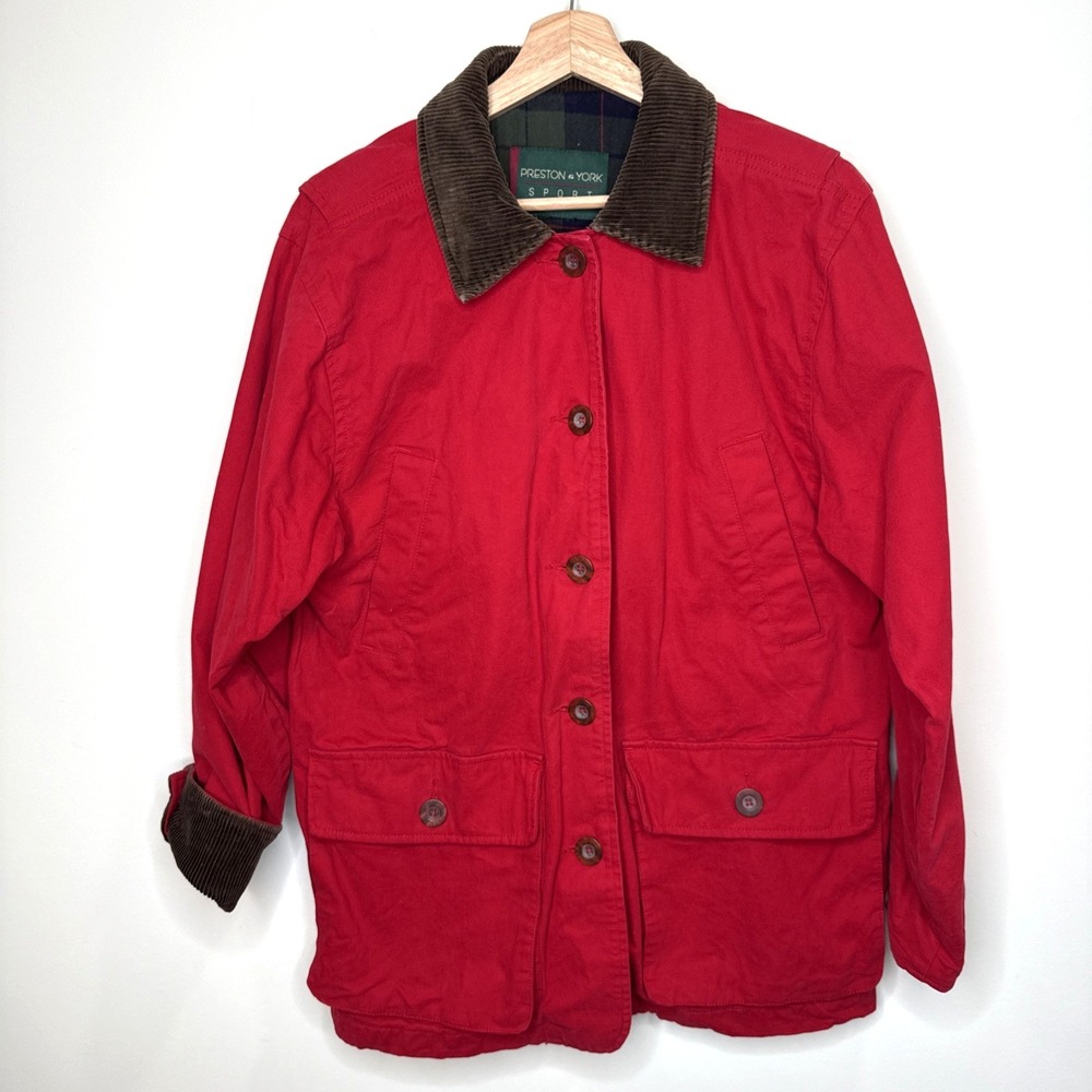 Vintage 90s Preston York Cotton Barn Chore Coat M Red Plaid Flannel Lined Jacket